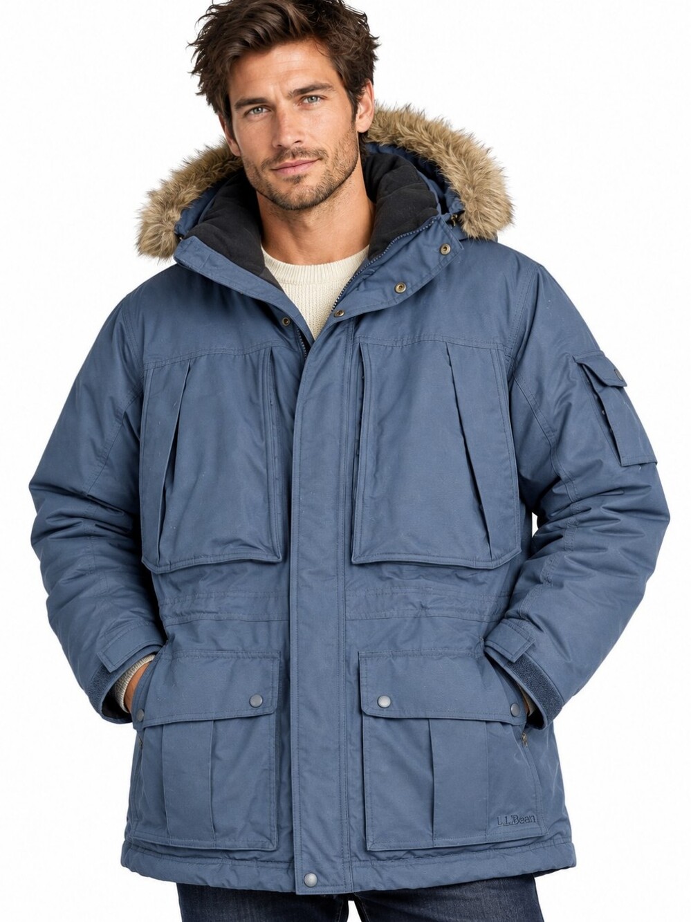 L.L.Bean DL-901 Men's Goose Down Parka Large Blue Faux Fur Hood EUC